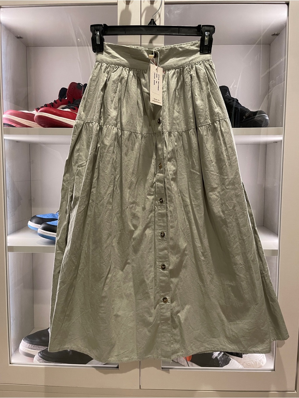 Farmhouse Chic Light Sage Button-Front Midi Skirt